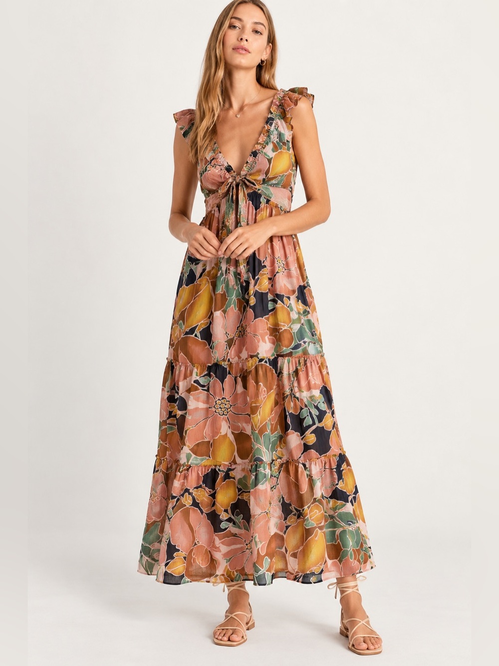 Baltic Born Nylah Back Tie Maxi Dress Mocha Multi Floral Print Size Large